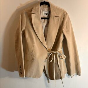 ZARA Sz M Tie Front Blazer Cotton Linen Blend Lined Made in Spain Pockets NEW